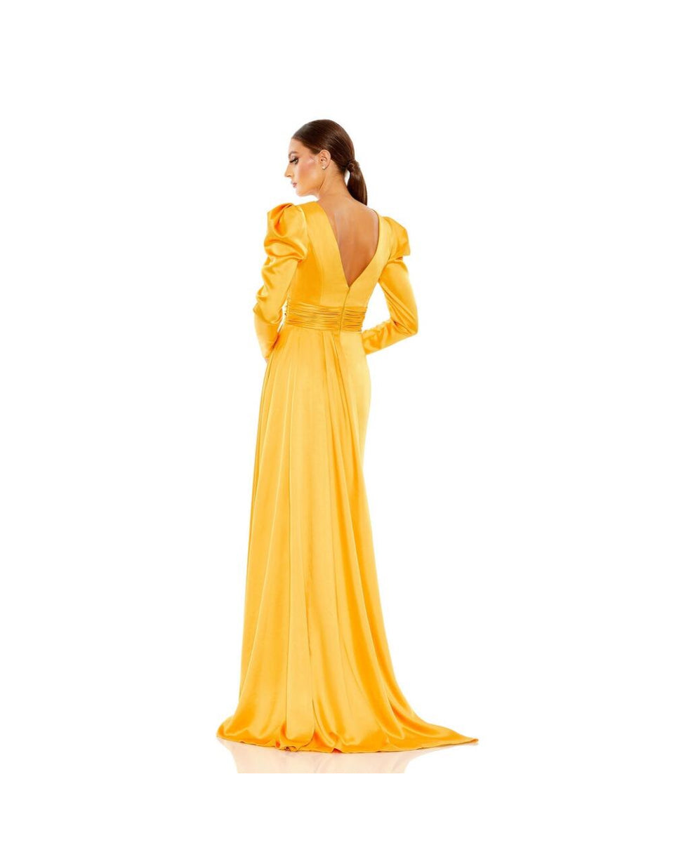 Mac Duggal 12404 FAUX WRAP A LINE GOWN Formal Dress in Marigold size 14