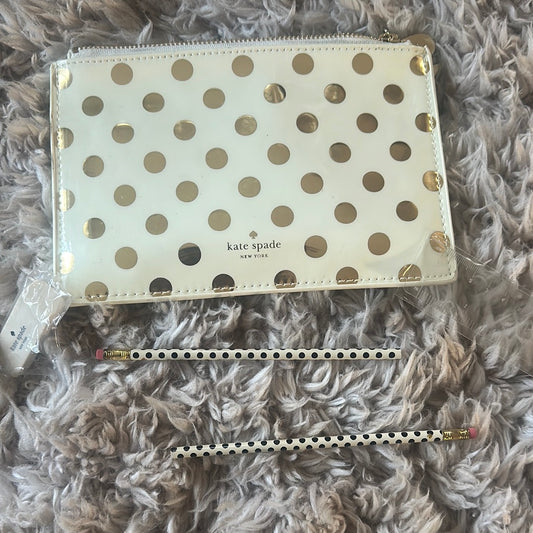 Ivory with gold polkadots, pencil case with ruler, sharpener, and eraser, NWOT