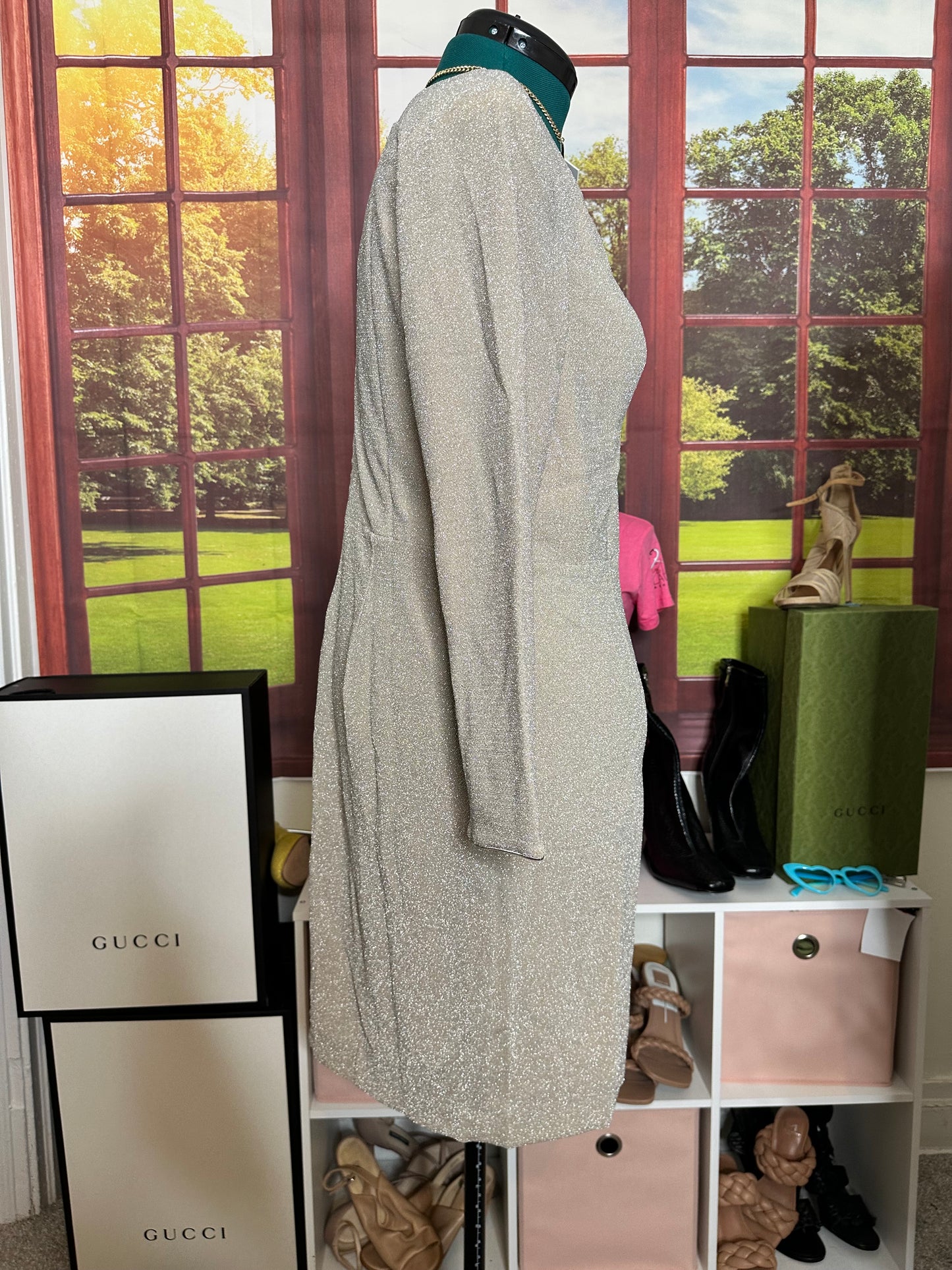 NWT Dress the Population gold metallic plunging V-neck bodycon cocktail dress