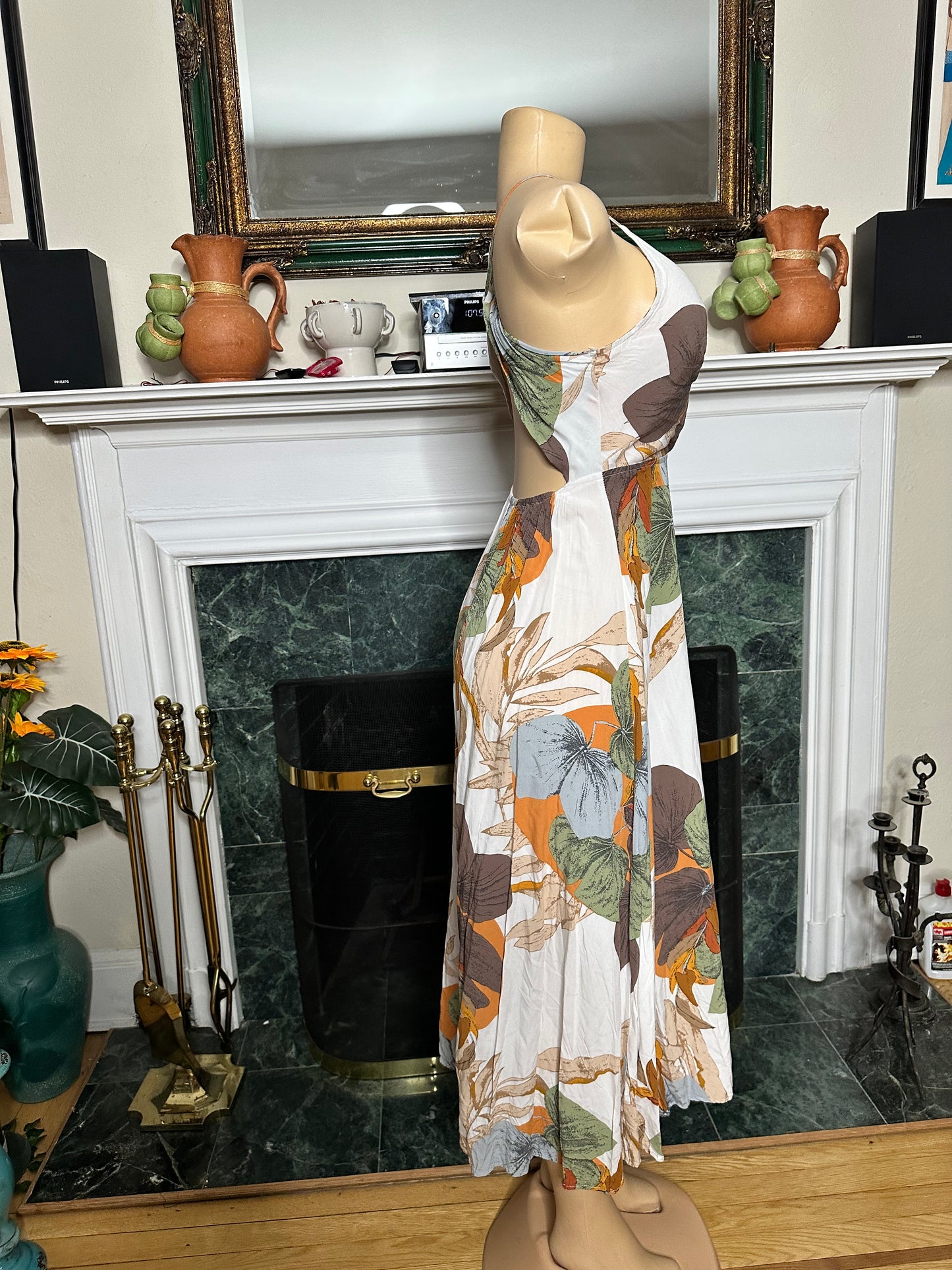 Preloved brown/green floral dress spaghetti straps sz S