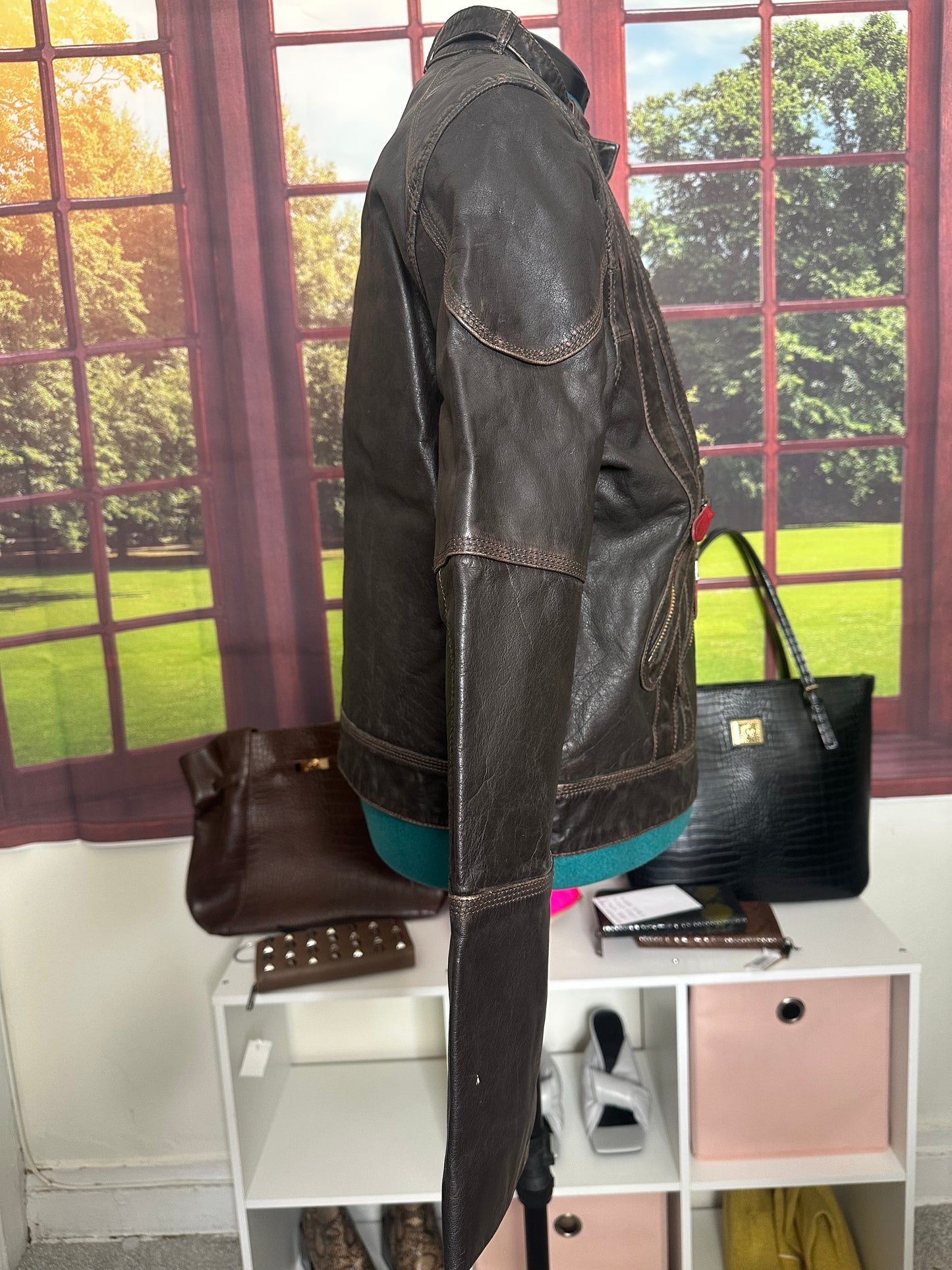 BuKowSkies Brown Leather Moto jacket with red trim sz M