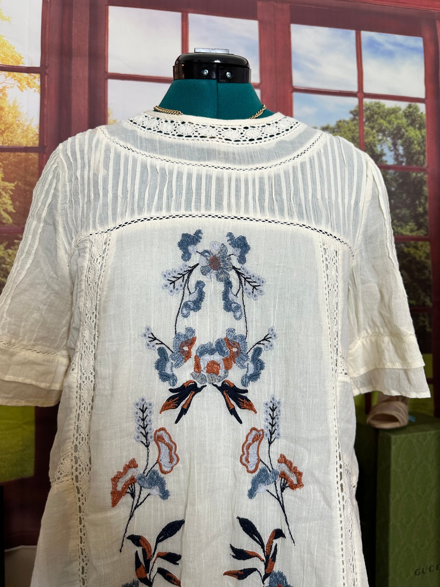 NWT Free People Perfectly Victorian ivory mini dress with blue and pink embroidery size L