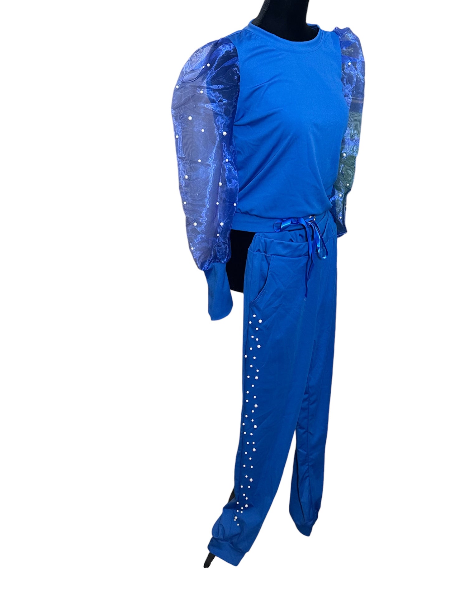 Royal Blue 2pc pants set w/ pearls