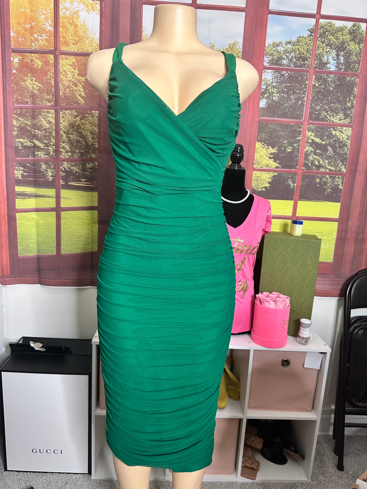 Emerald Green midi dress with ruching sz L