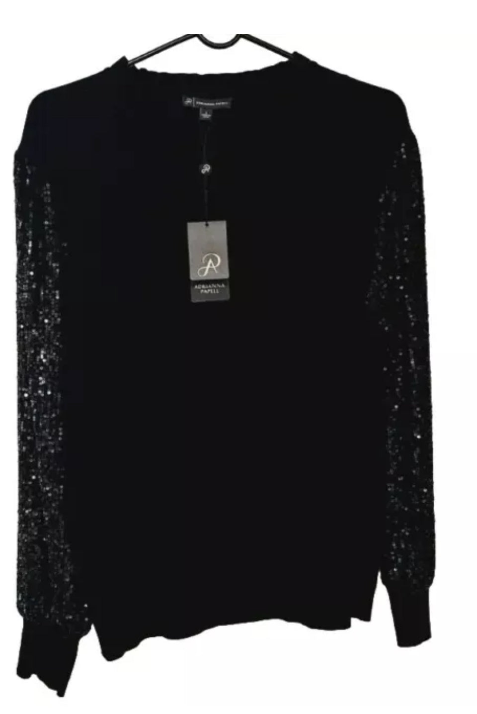 Adrianna Papell Women’s  Mock Ruffle Neck Sequin Sleeve Sweater-Size L-Black-NWT