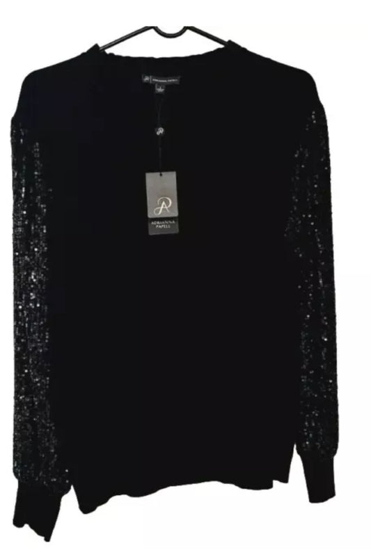 Adrianna Papell Women’s  Mock Ruffle Neck Sequin Sleeve Sweater-Size L-Black-NWT