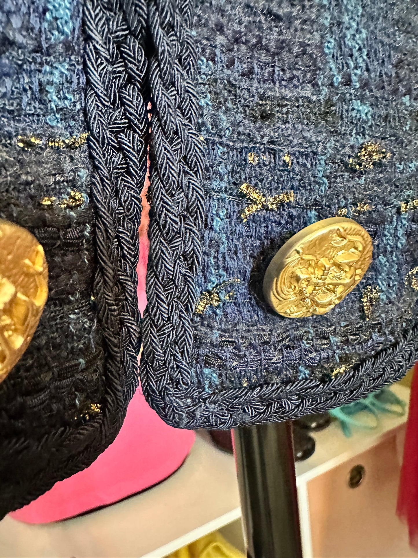 Aqua Blue and Gold Tweed Blazer with Gold buttons sz M