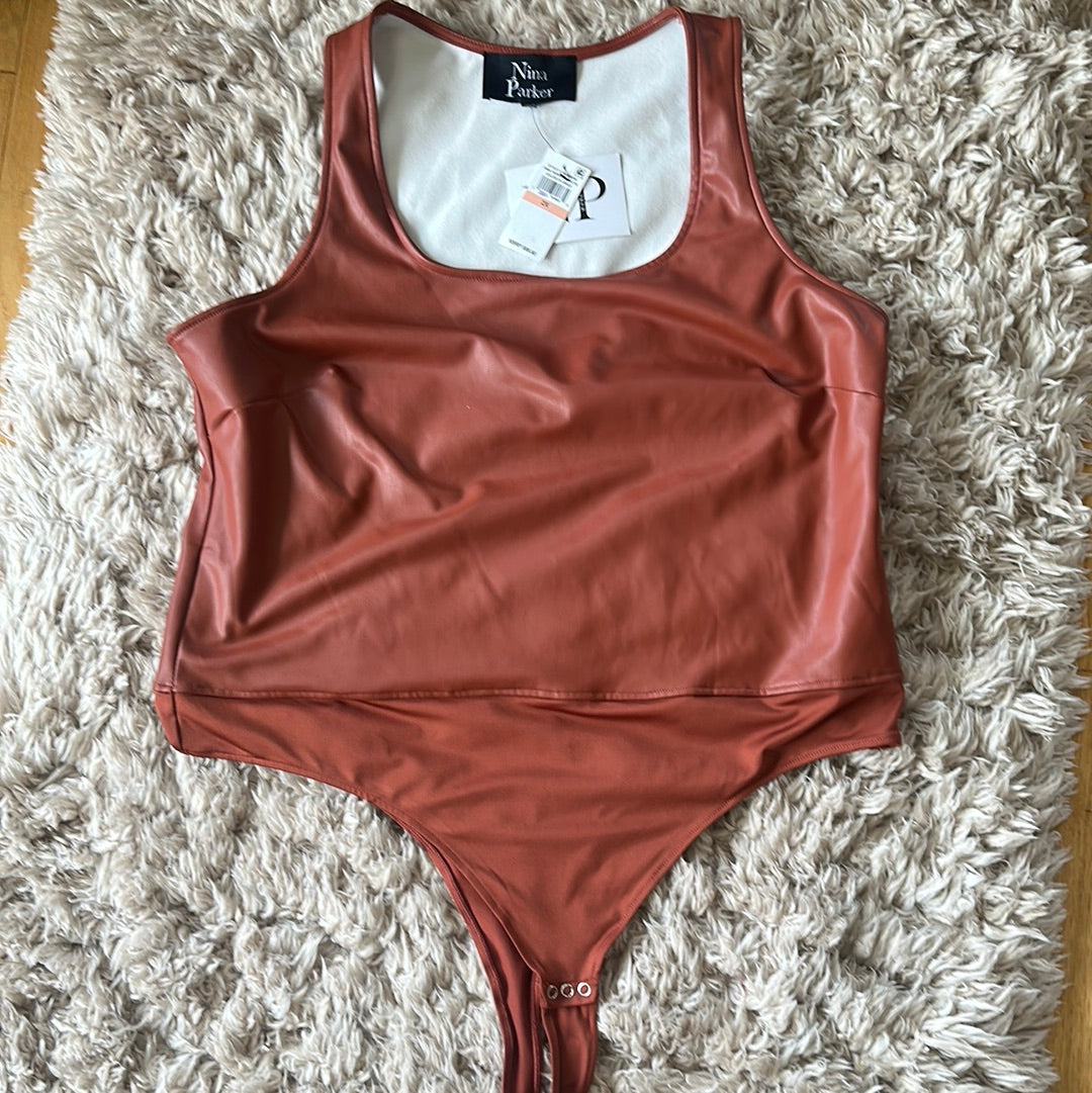 Nina Parker Camel Faux leather body suit NWT