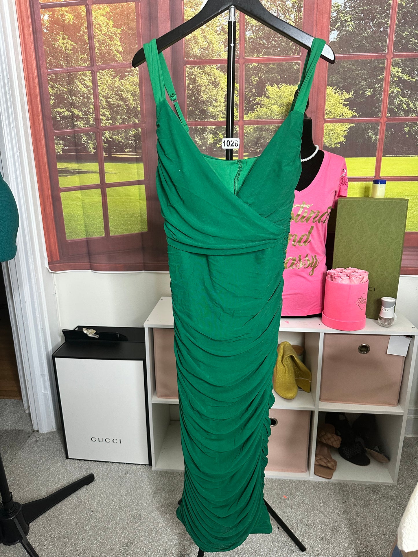 Emerald Green midi dress with ruching sz L