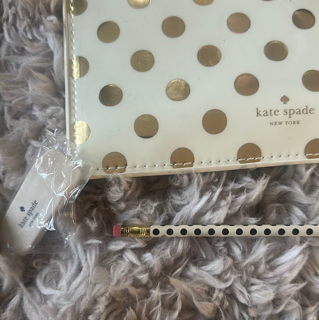 Ivory with gold polkadots, pencil case with ruler, sharpener, and eraser, NWOT
