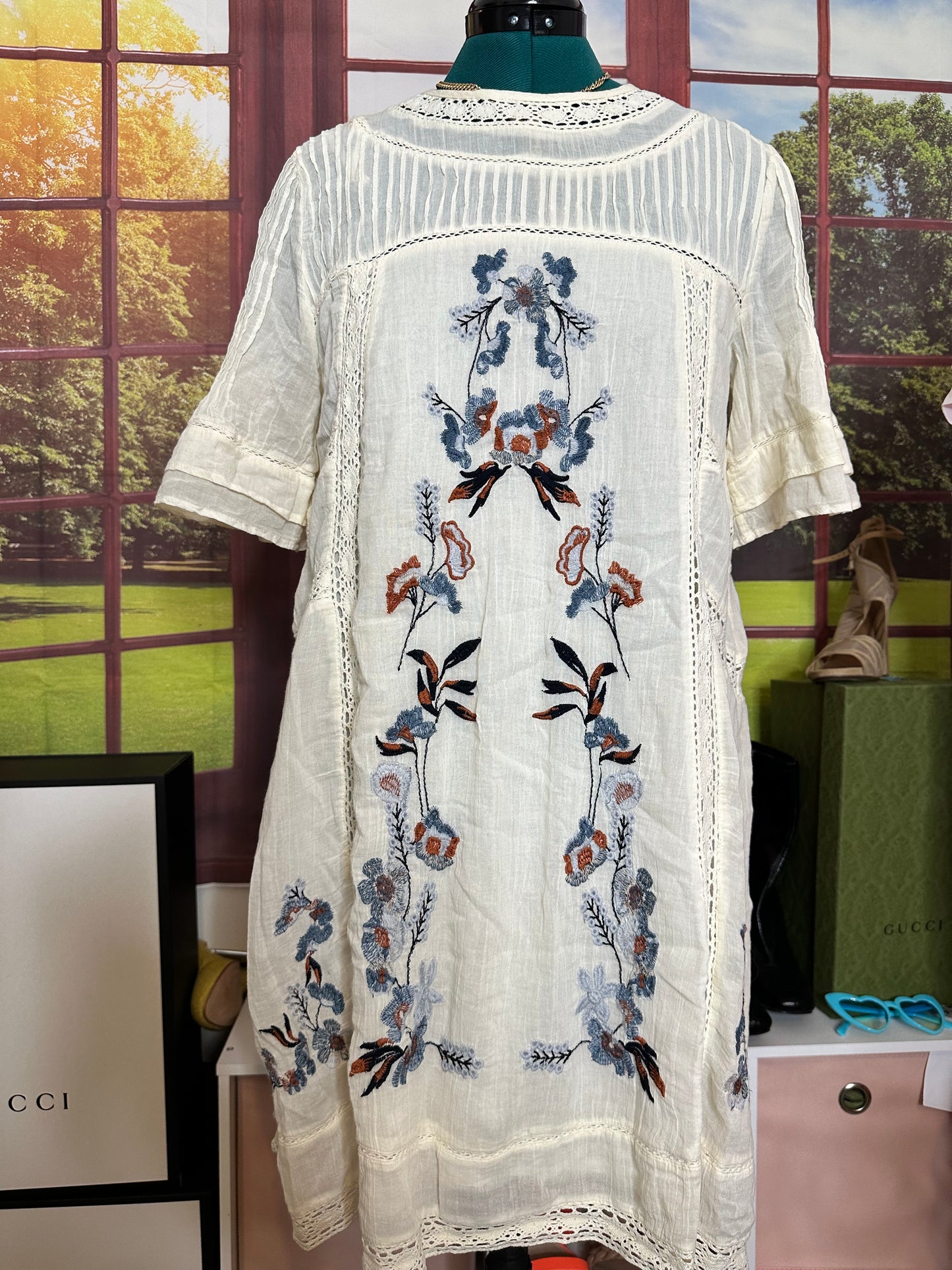 NWT Free People Perfectly Victorian ivory mini dress with blue and pink embroidery size L