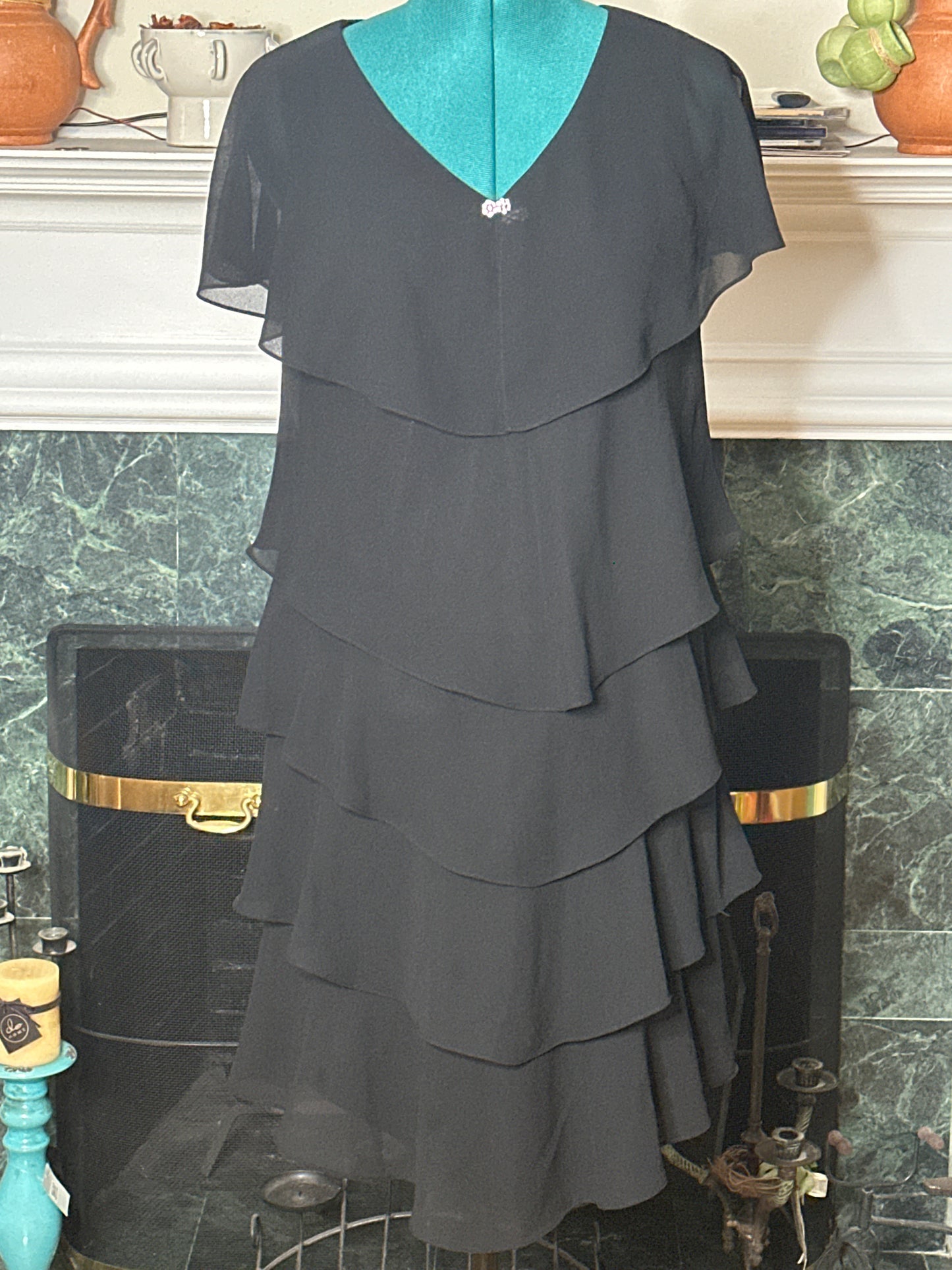 Patra Black Ruffle Eveniing Dress w/ rhinestone accent sz 14