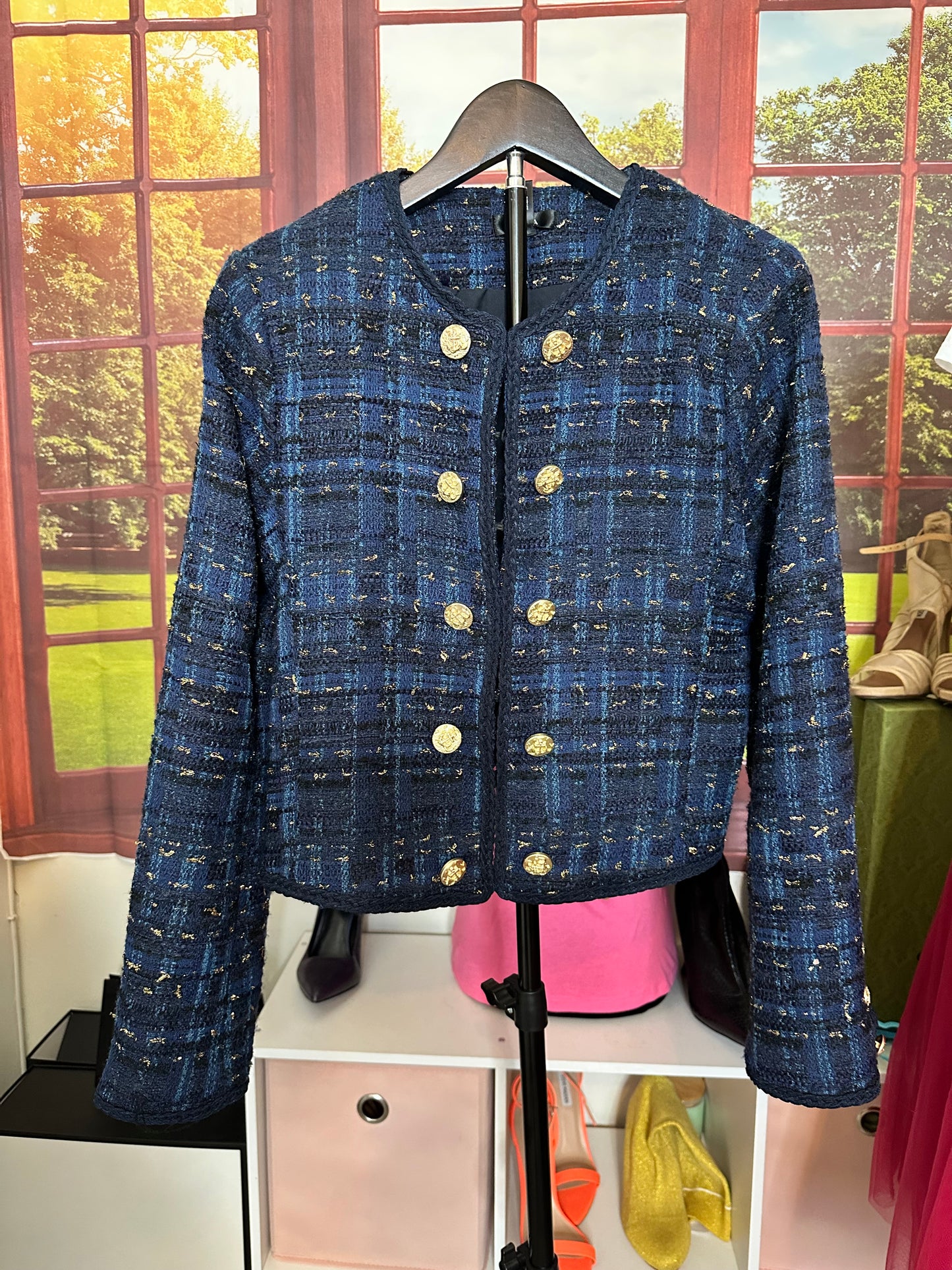 Aqua Blue and Gold Tweed Blazer with Gold buttons sz M