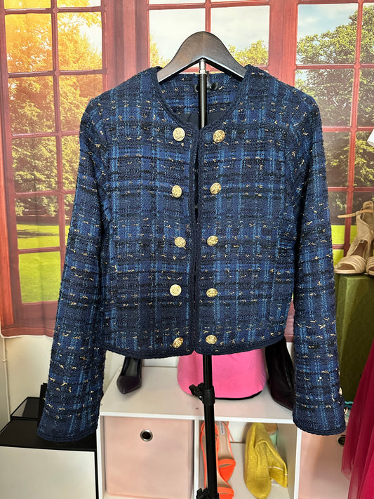 Aqua Blue and Gold Tweed Blazer with Gold buttons sz M
