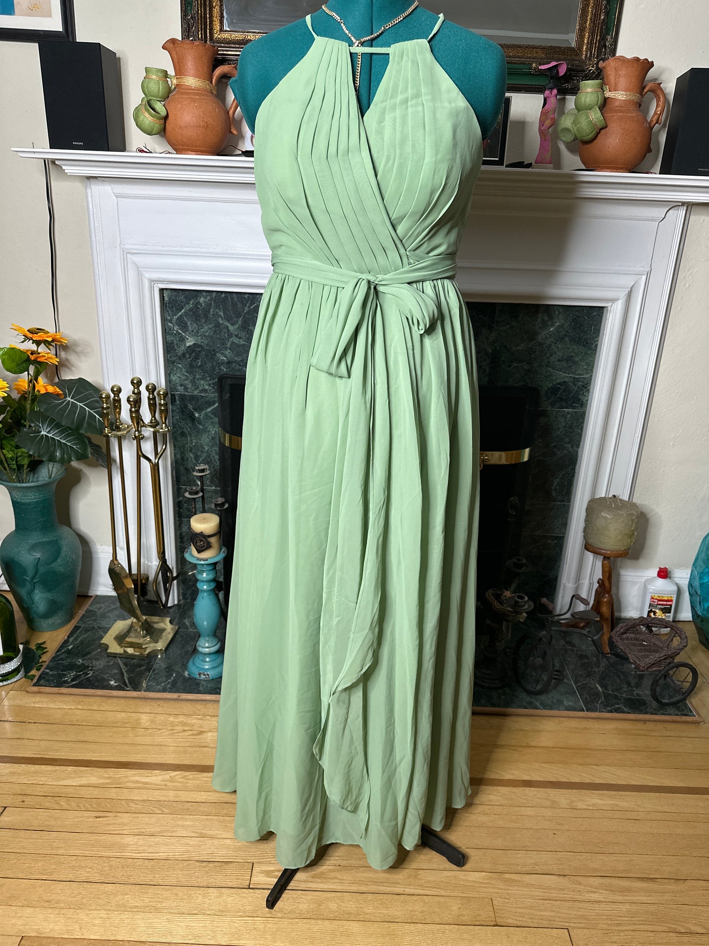 Sage green dress gown with sheer jacket and pockets sz 12 best fits sz 10