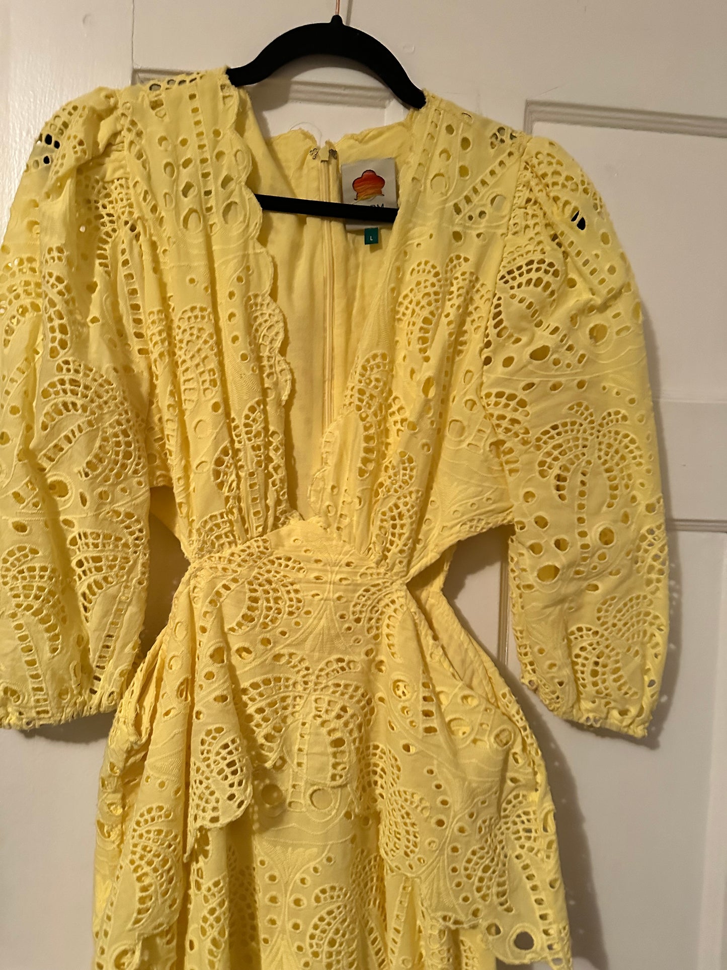 Farm Rio Sunshine Yellow Eyelet Cutout Dress Sz L