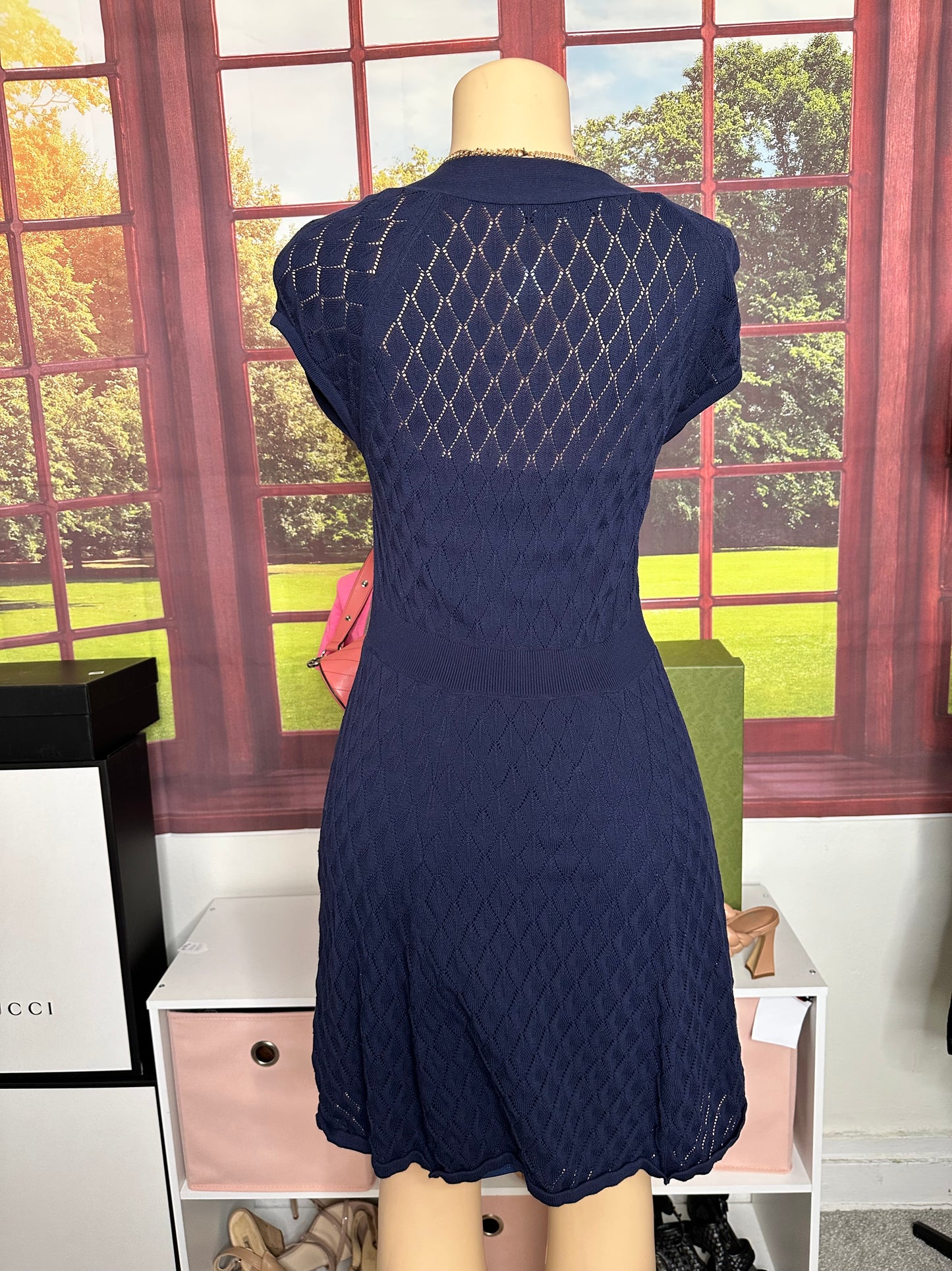 Trina Turk Navy Fit and Flare Dress Sz L