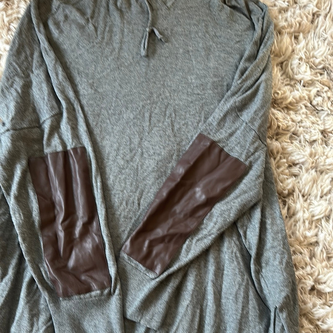 GREY HOODIE W/ BRWN LEATHER PATCHES SZ 2X