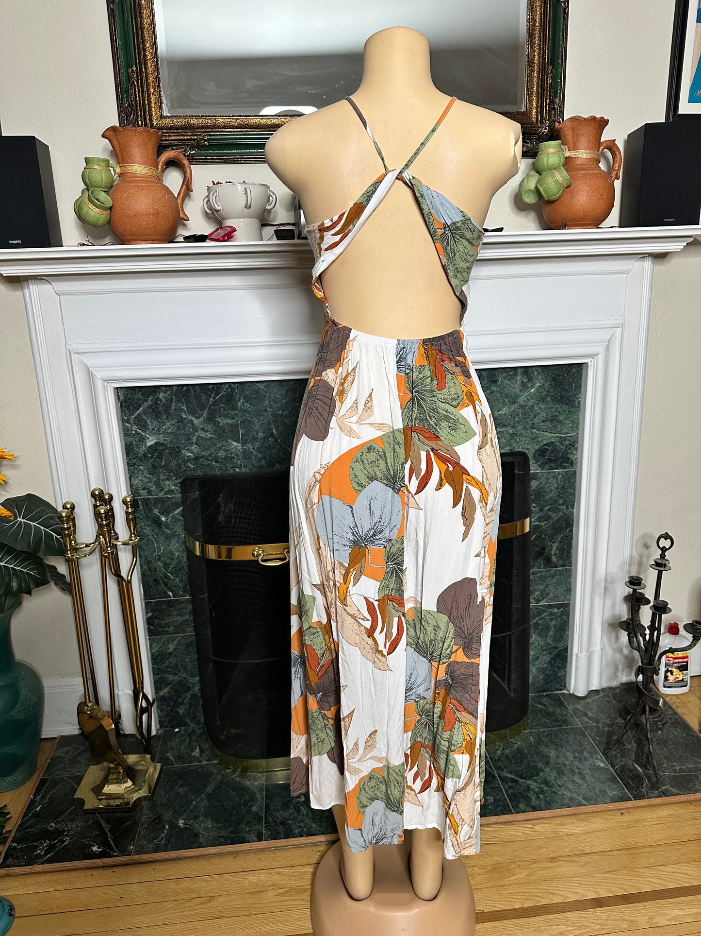Preloved brown/green floral dress spaghetti straps sz S