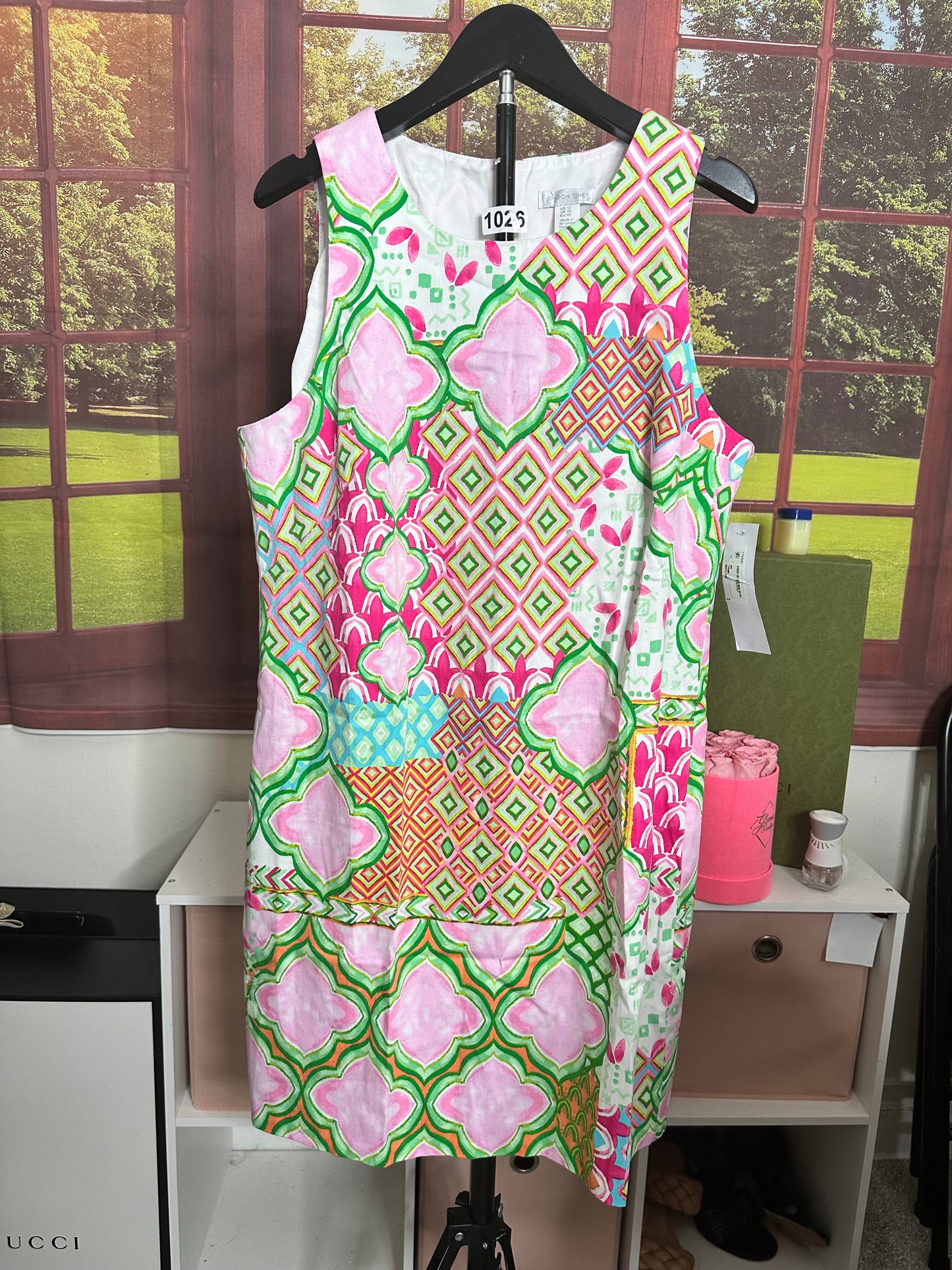 NWT London Times Pink and Green Print sheath dress sz 12