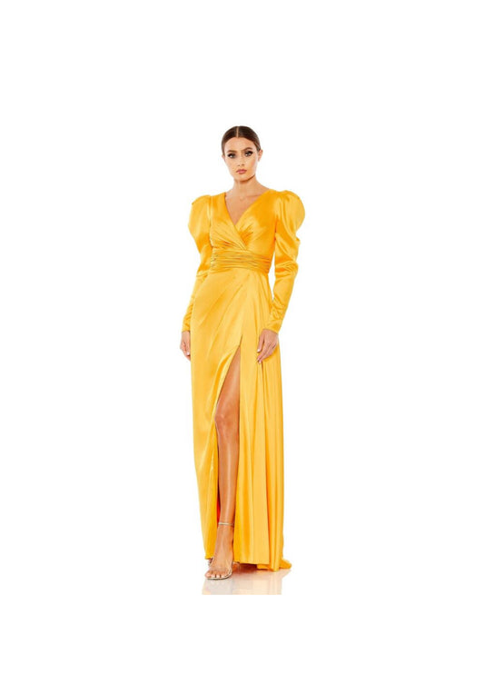 Mac Duggal 12404 FAUX WRAP A LINE GOWN Formal Dress in Marigold size 14