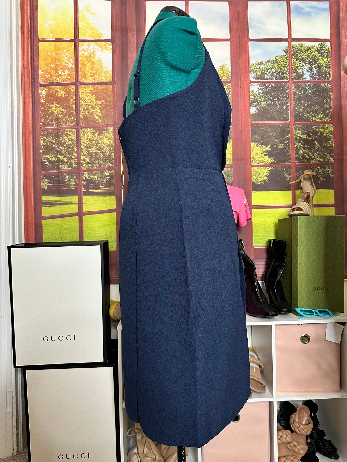 NWT Dress the Population Navy Owen full wrap evening dress tulip hem