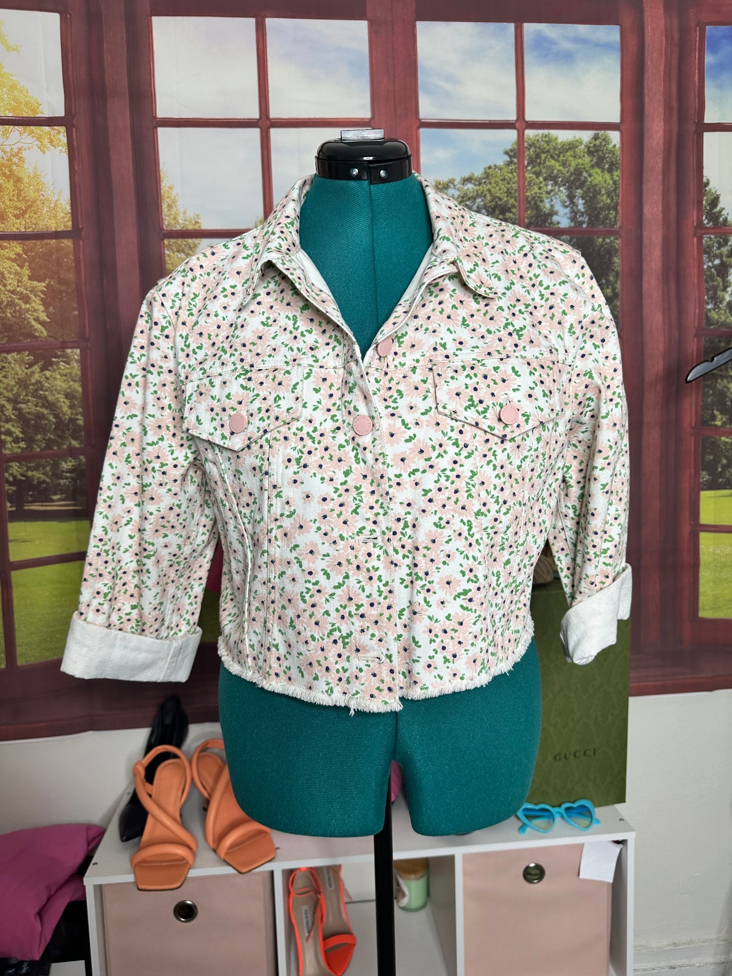 NWT Alice and Olivia Pink and Green Floral Denim Jacket Sz XL
