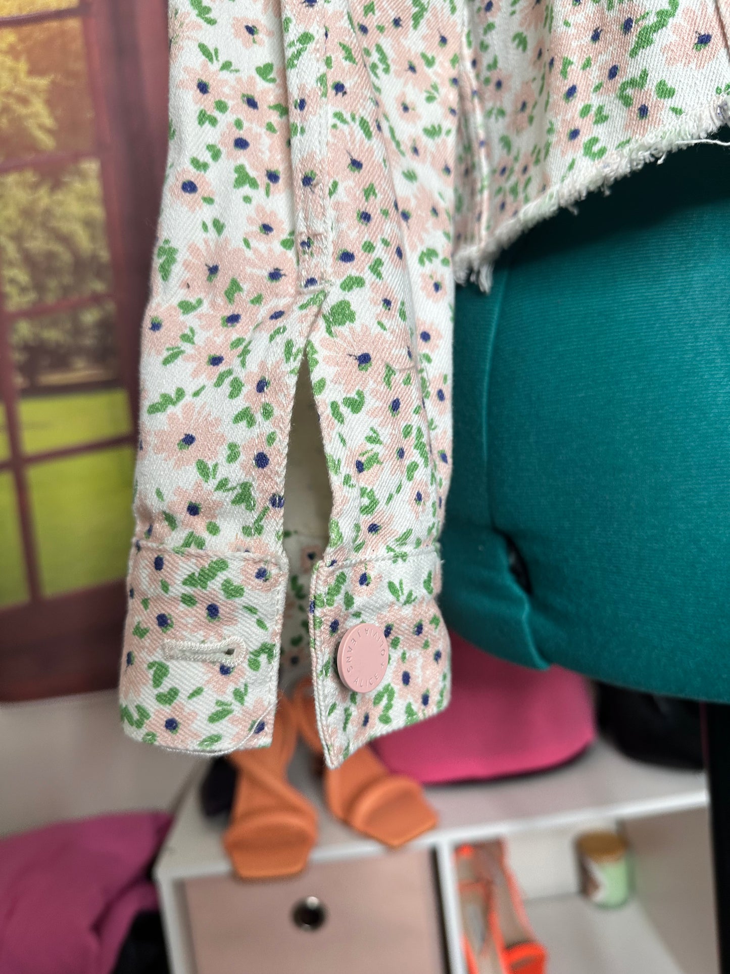 NWT Alice and Olivia Pink and Green Floral Denim Jacket Sz XL