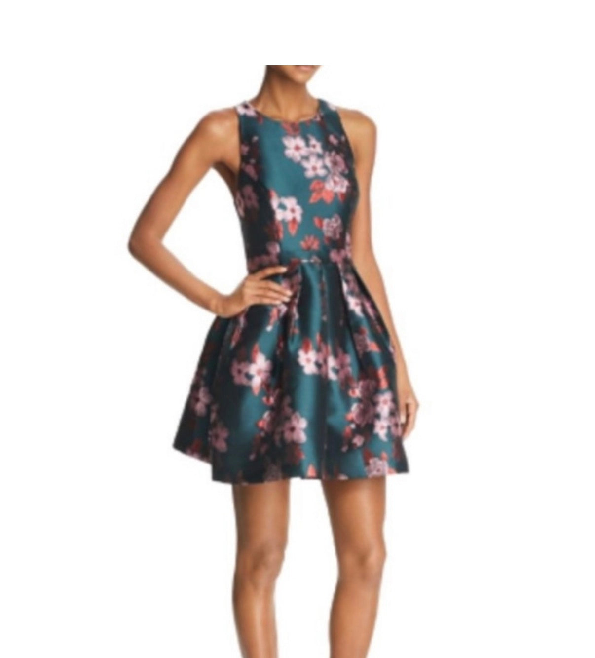 Aidan Mattox Fit & Flare Dress Sz 10 US Pink & Green Floral Metallic Jacquard pre loved