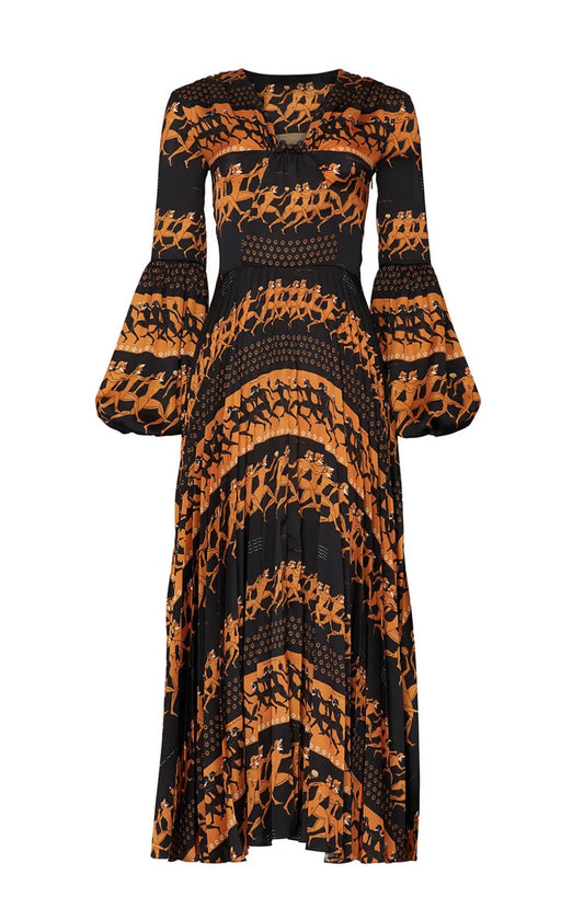 Patou Black Pleated Egyptian Print Maxi Dress Sz 44