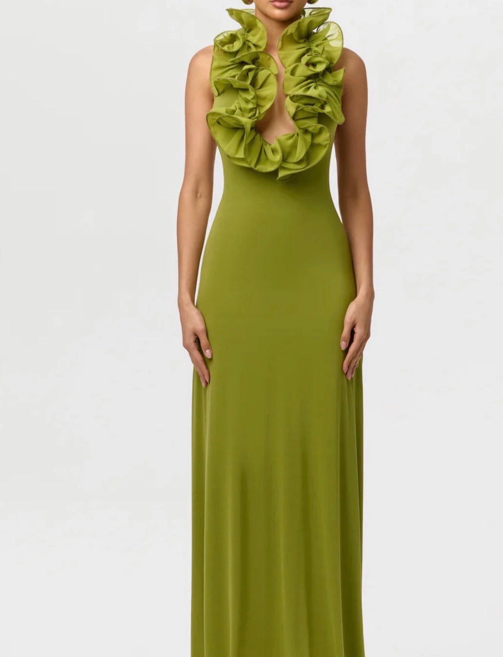 Naked Wardrobe Ruffled plunge Halter Maxi Dress Sz M