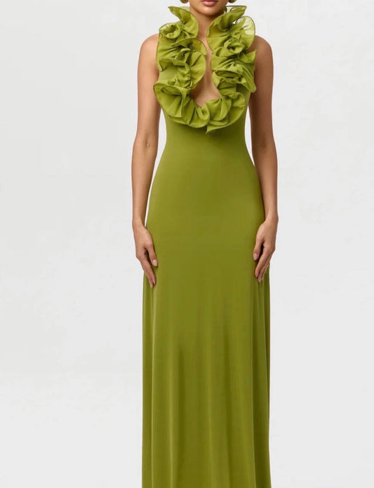 Naked Wardrobe Ruffled plunge Halter Maxi Dress Sz M