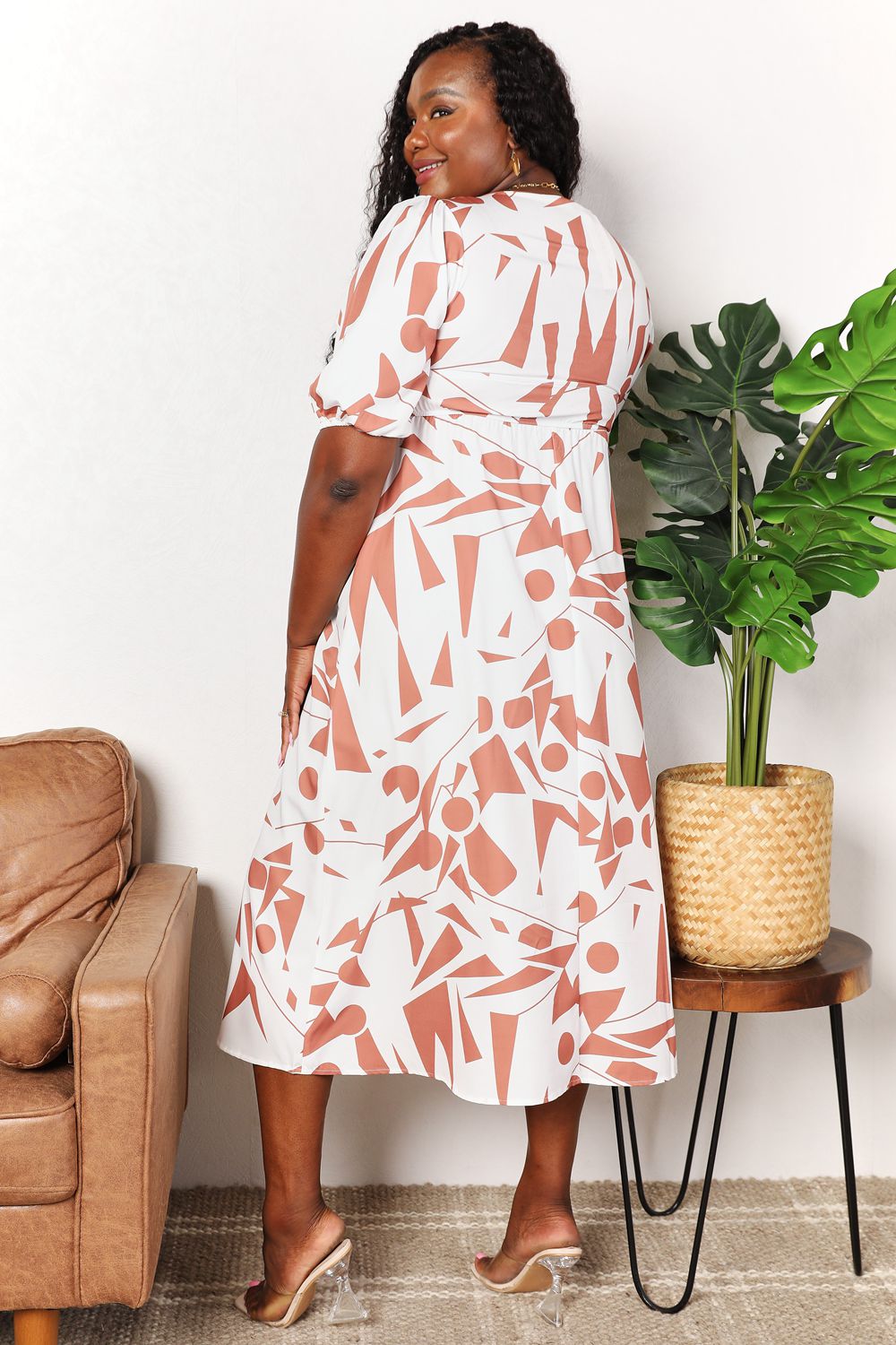 Printed Surplice Balloon Sleeve Dress 9999