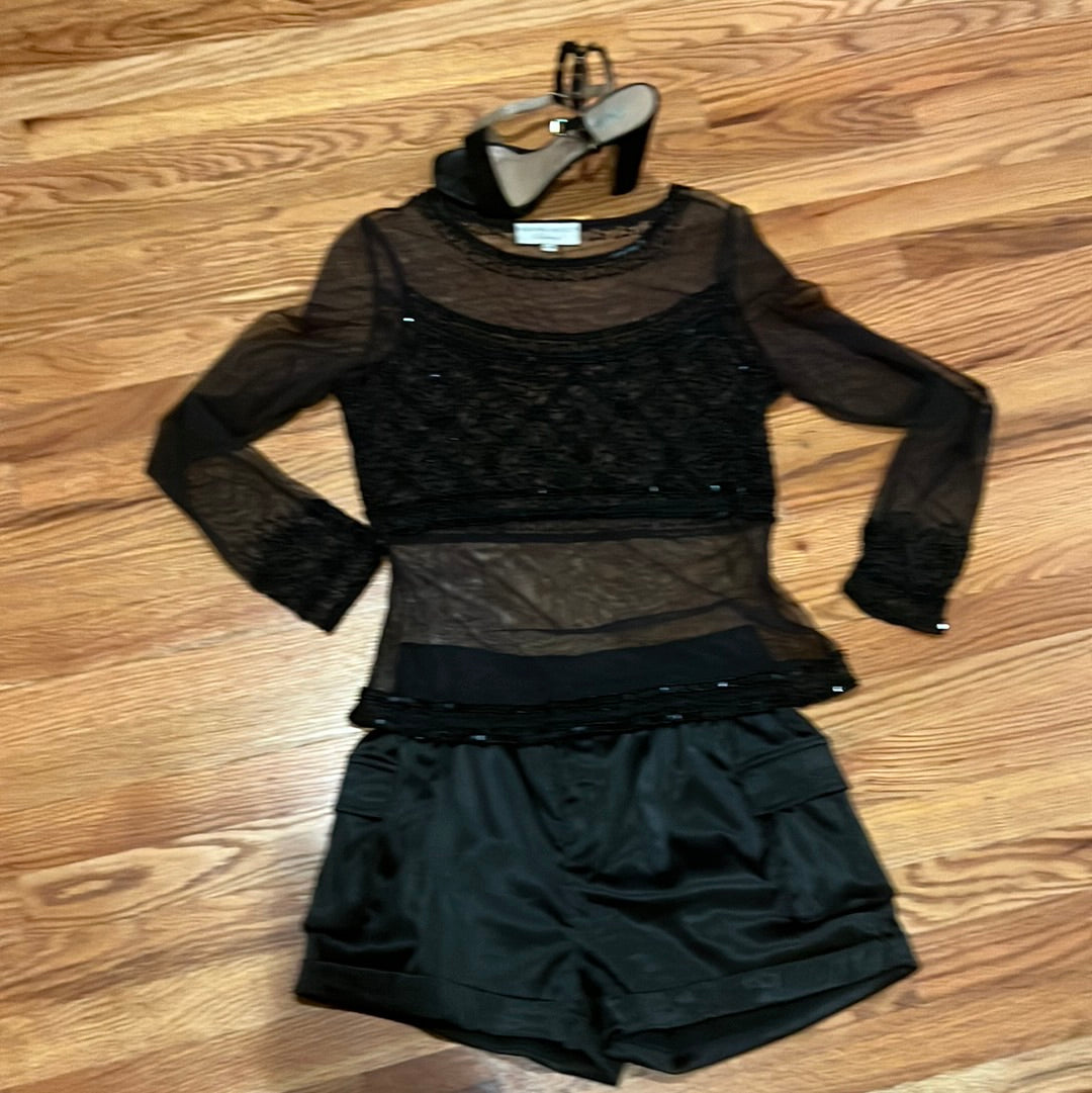 Sheer ADRIANNA PAPELL BLACK SHEER BEADED BLOUSE SZ M