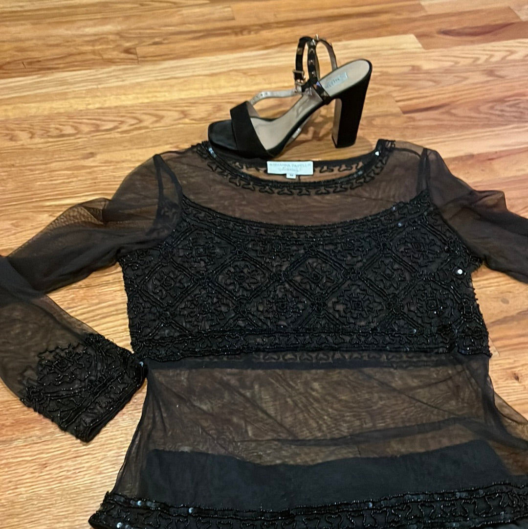 Sheer ADRIANNA PAPELL BLACK SHEER BEADED BLOUSE SZ M
