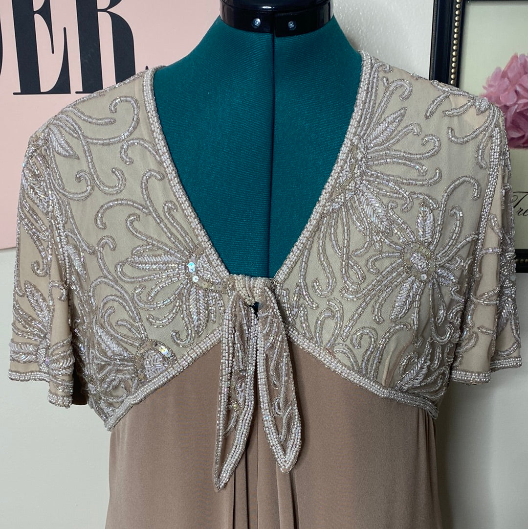 TAUPE SEQUIN BODICE EVENING GOWN SZ 18