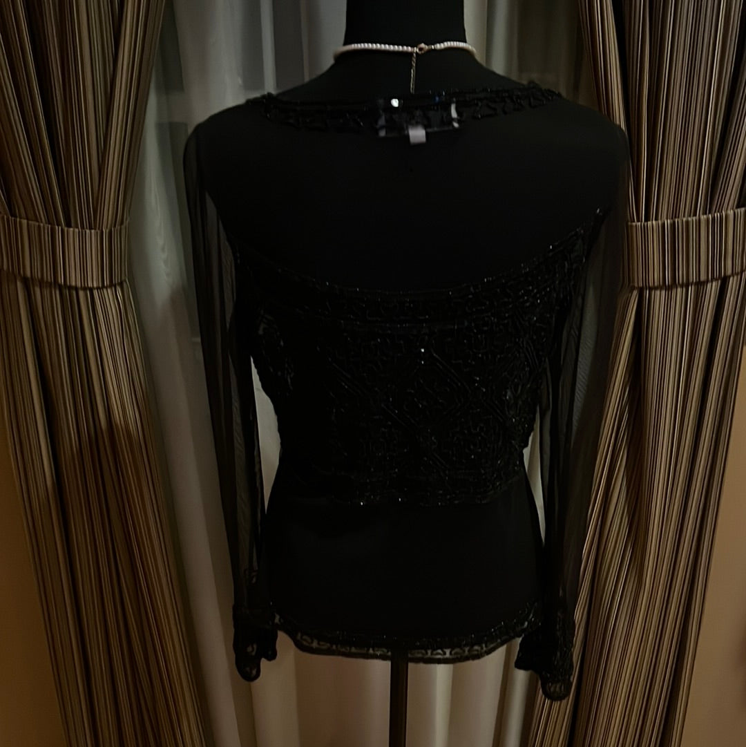Sheer ADRIANNA PAPELL BLACK SHEER BEADED BLOUSE SZ M