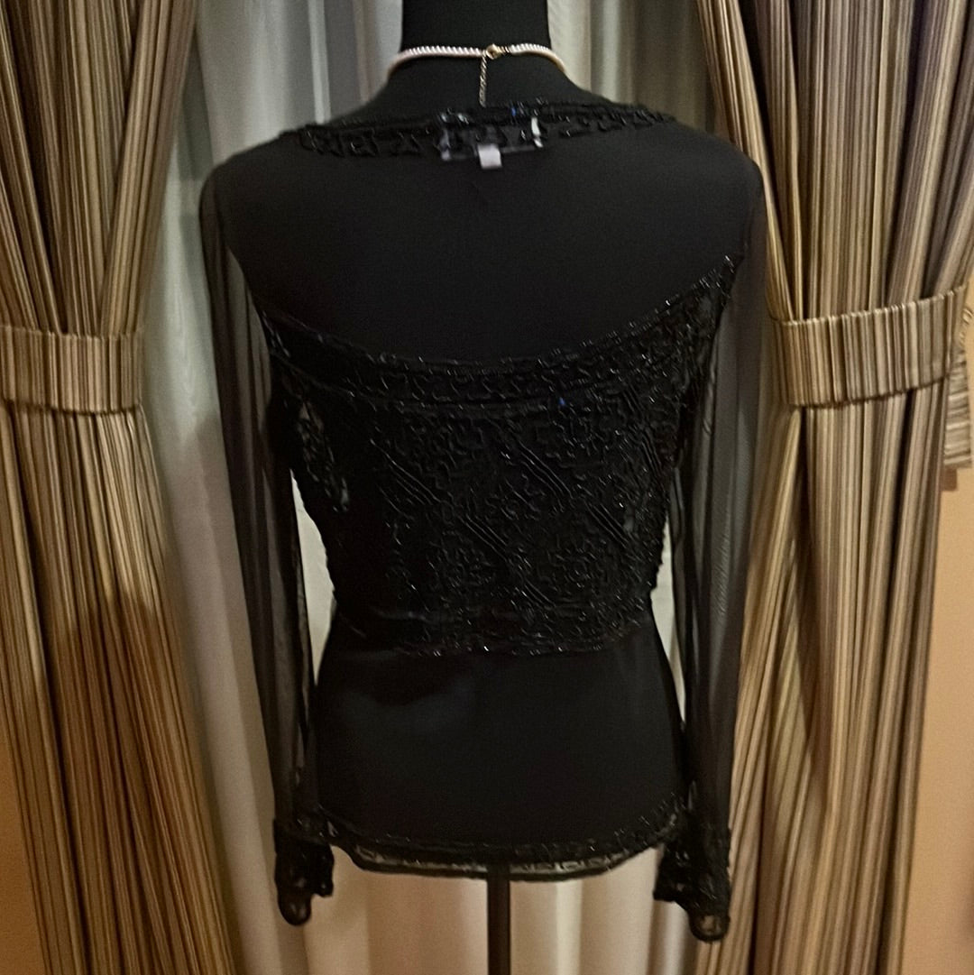 Sheer ADRIANNA PAPELL BLACK SHEER BEADED BLOUSE SZ M