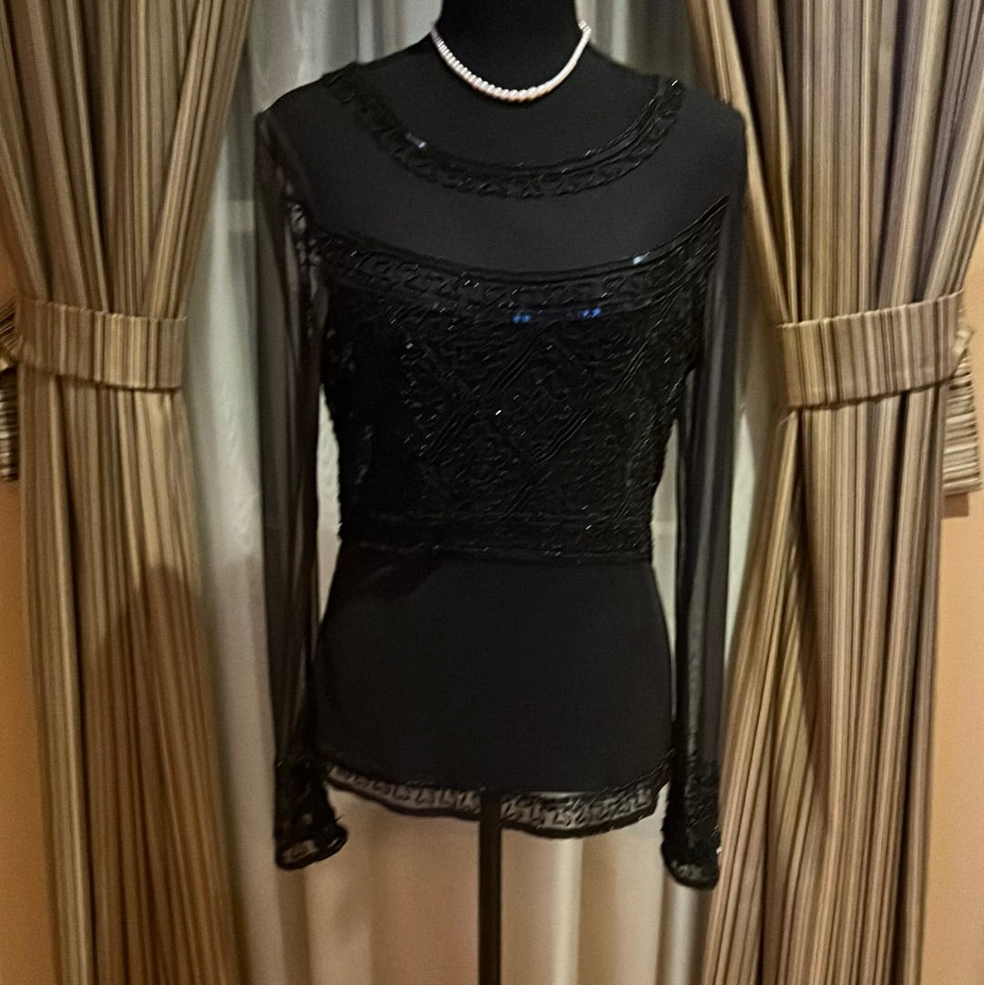 Sheer ADRIANNA PAPELL BLACK SHEER BEADED BLOUSE SZ M