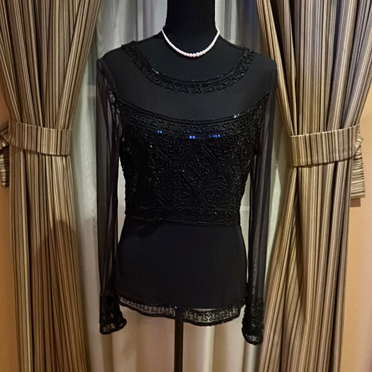 Sheer ADRIANNA PAPELL BLACK SHEER BEADED BLOUSE SZ M