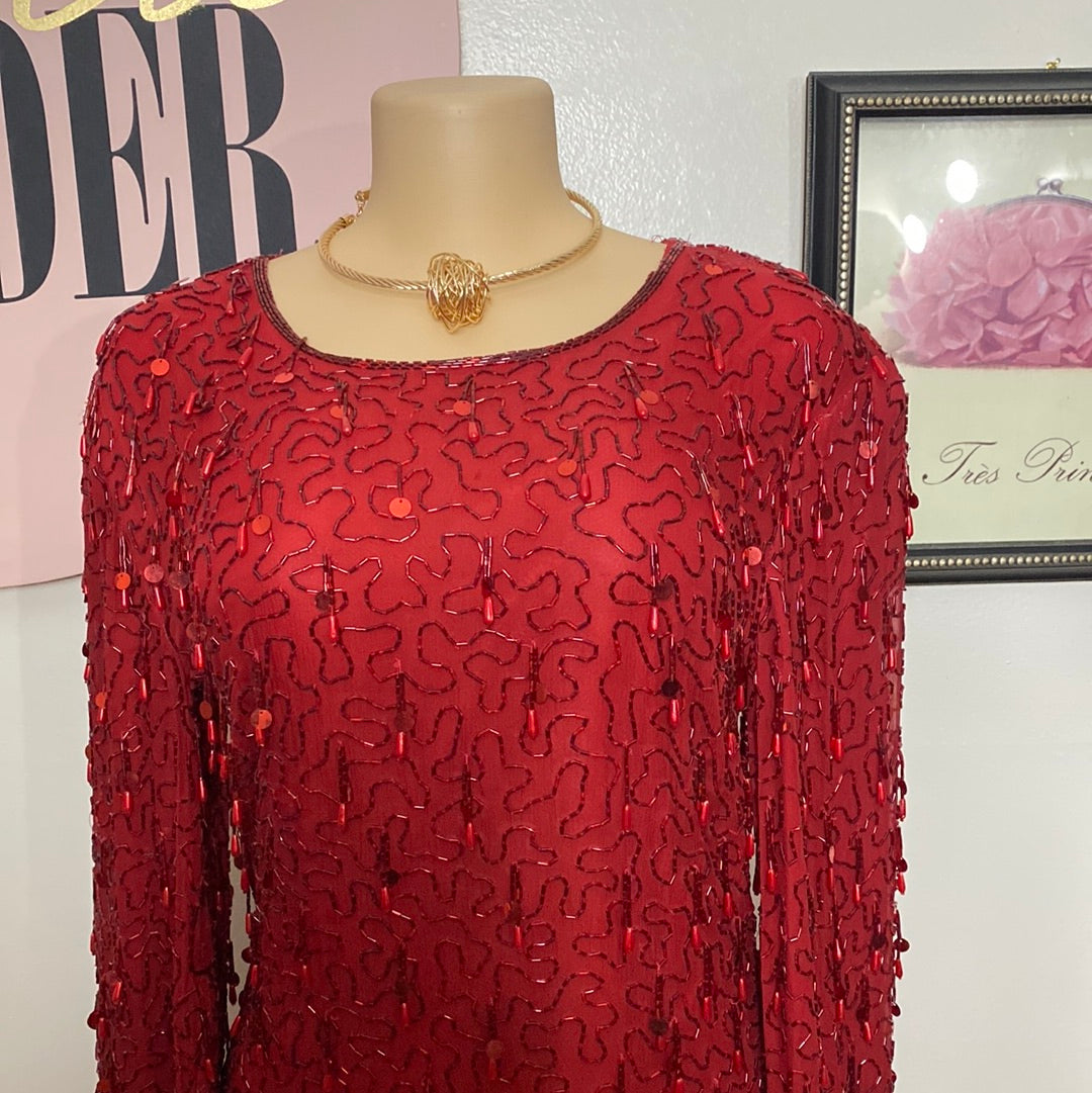 VINTAGE RED HANGING SEQUIN EVENING DRESS 100% SILK SZ L *LOOSE STRINGS L SHOULDER P2P 19"