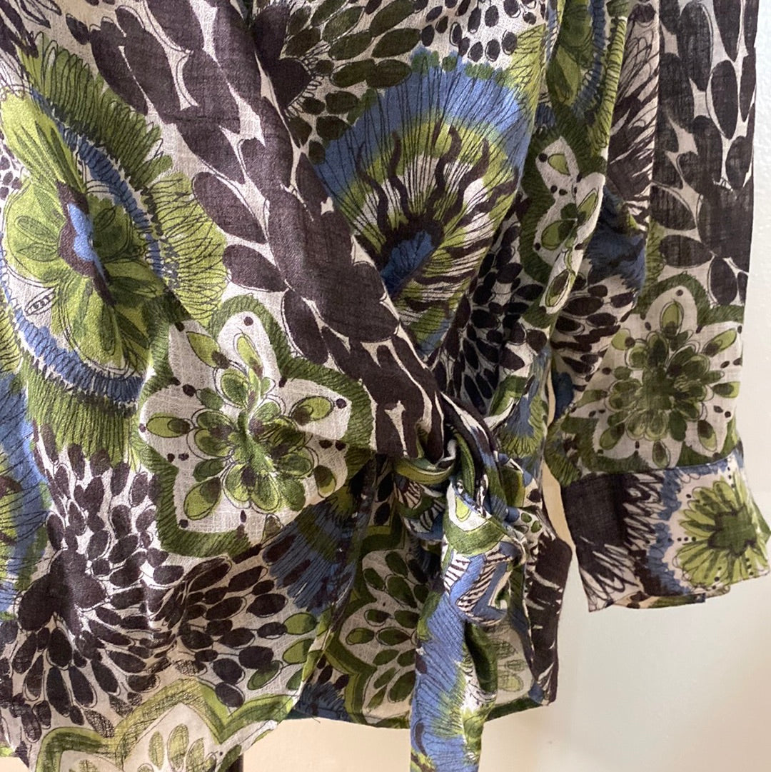 Lafayette 148 GREEN/BROWN JUNGLE PRINT WRAP BLOUSE SZ 20