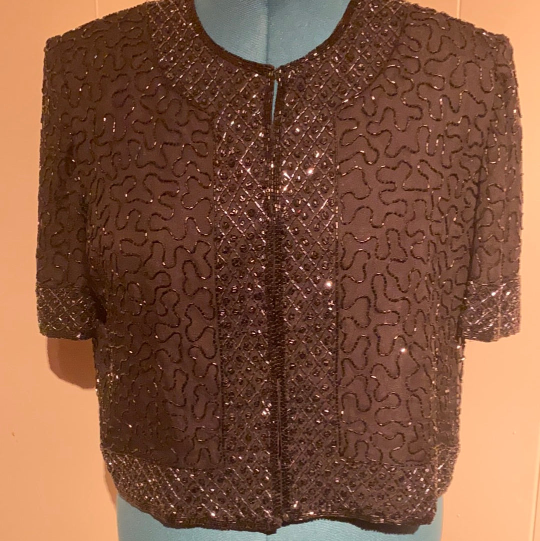 BRILLANTE 100% SILK BLACK SEQUIN EVENING JACKET SZ XL