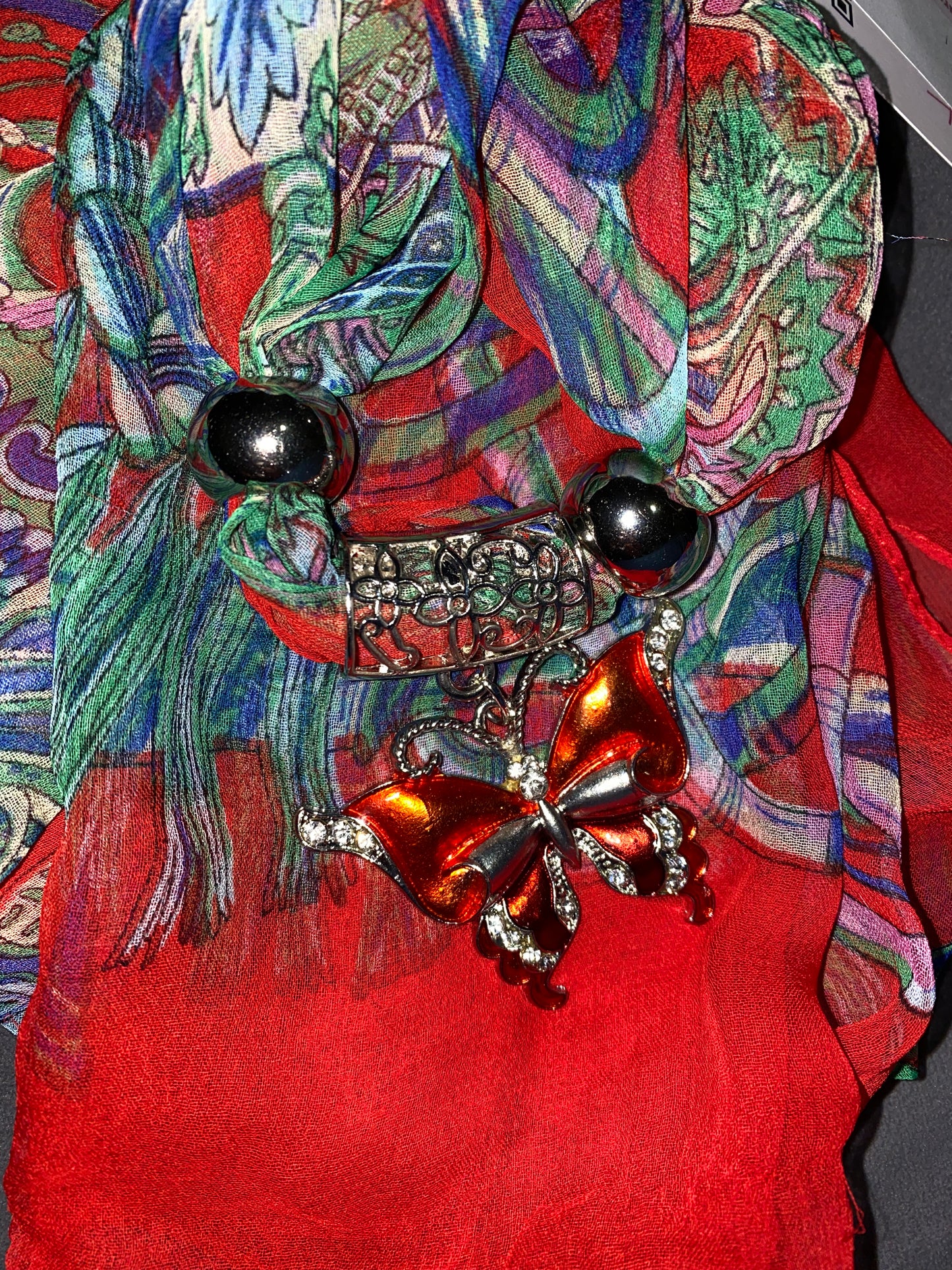 033022 Red Multi Print Scarf W/ Butterfly Charm