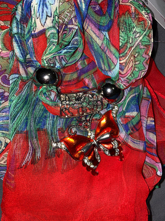 033022 Red Multi Print Scarf W/ Butterfly Charm