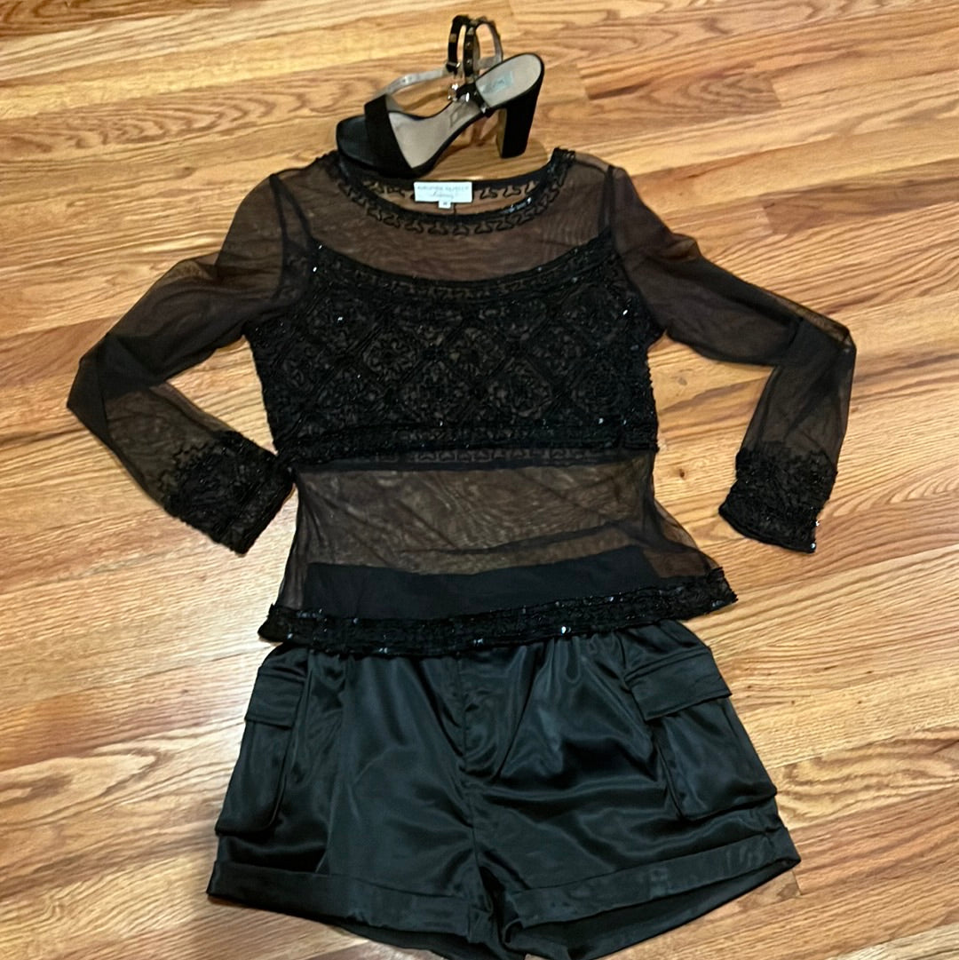 Sheer ADRIANNA PAPELL BLACK SHEER BEADED BLOUSE SZ M