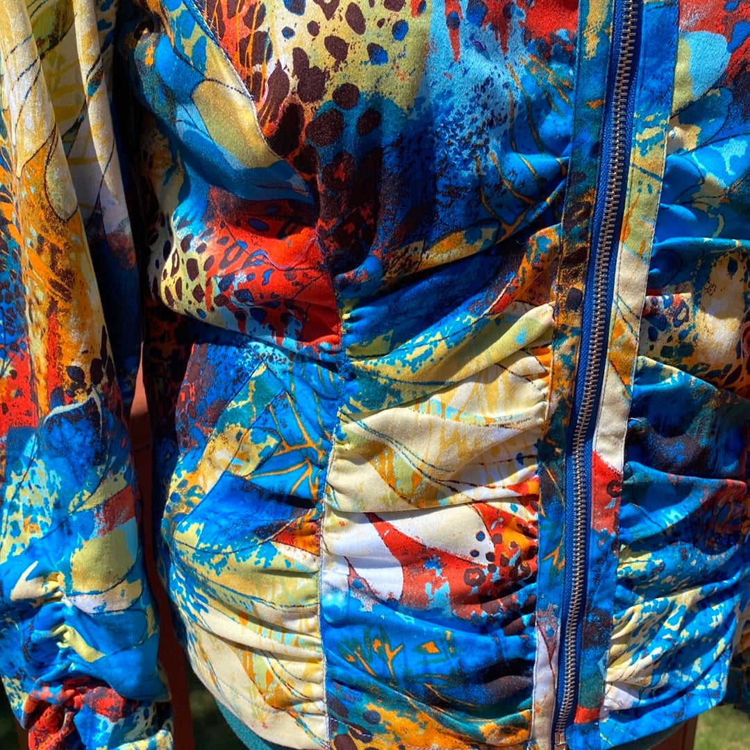 703 TONI MORGAN TEAL PRINTED JACKET SZ M