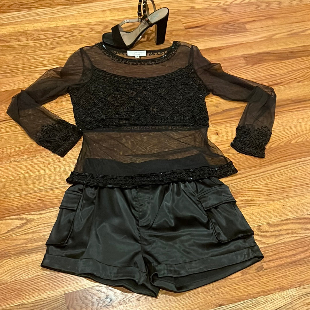 Sheer ADRIANNA PAPELL BLACK SHEER BEADED BLOUSE SZ M