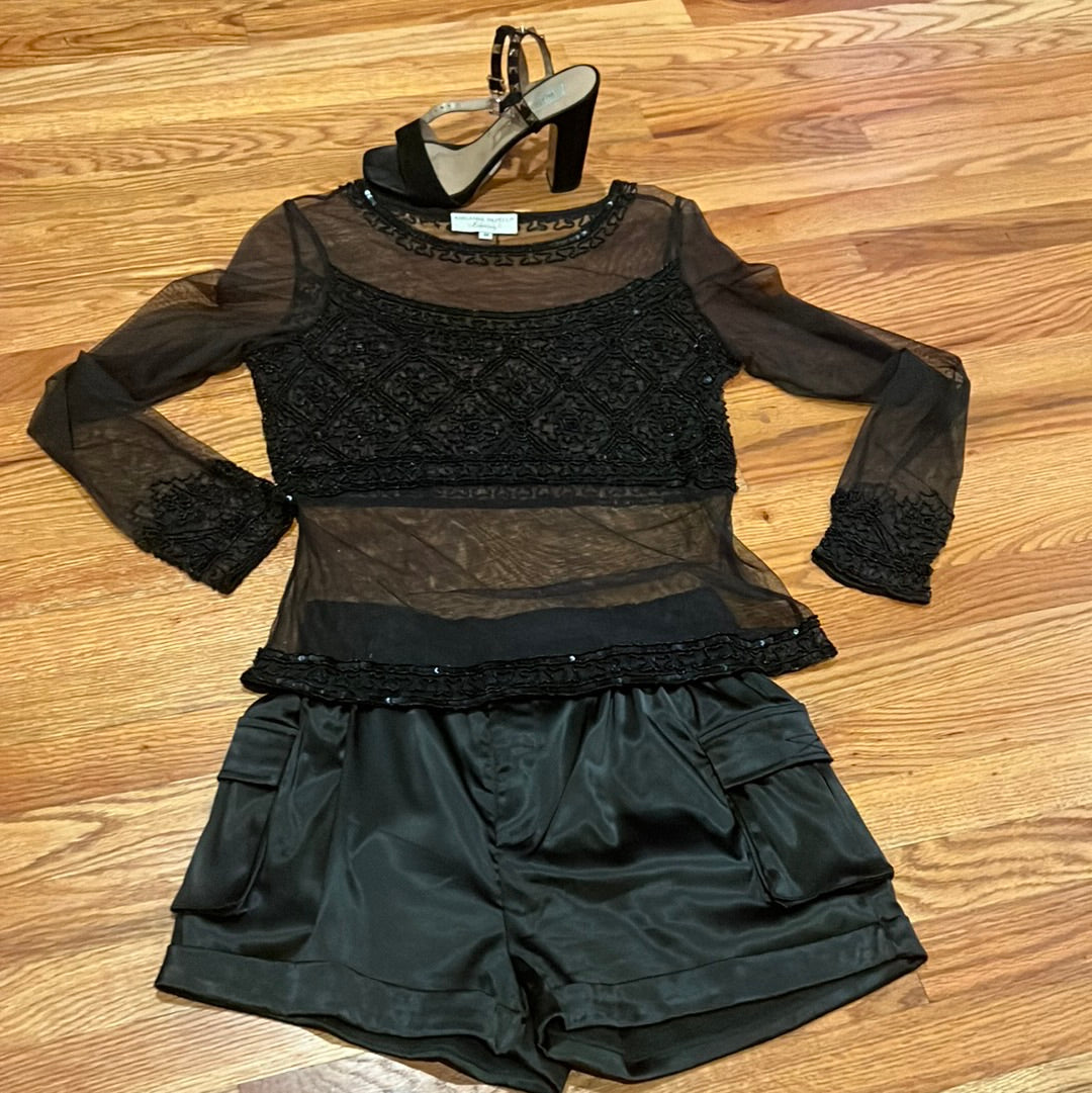 Sheer ADRIANNA PAPELL BLACK SHEER BEADED BLOUSE SZ M