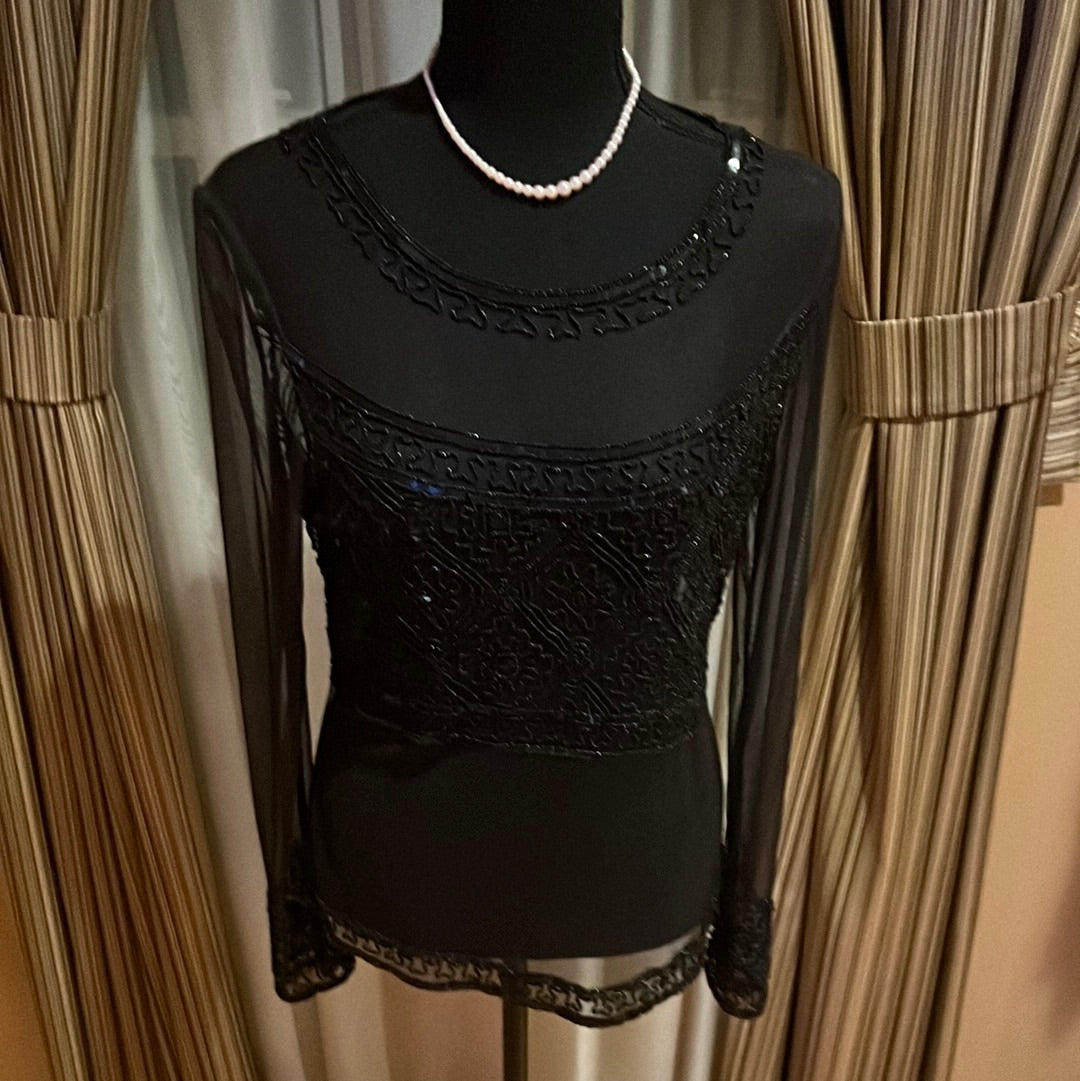 Sheer ADRIANNA PAPELL BLACK SHEER BEADED BLOUSE SZ M